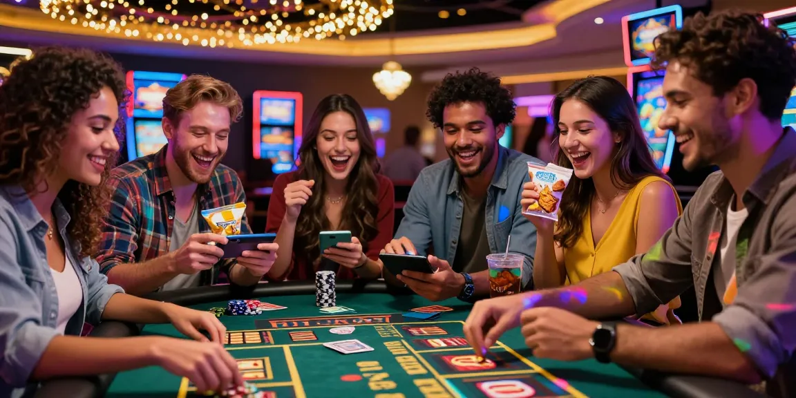 Friends enjoying the rokok88 slot login experience at a vibrant casino table with snacks and neon lights.