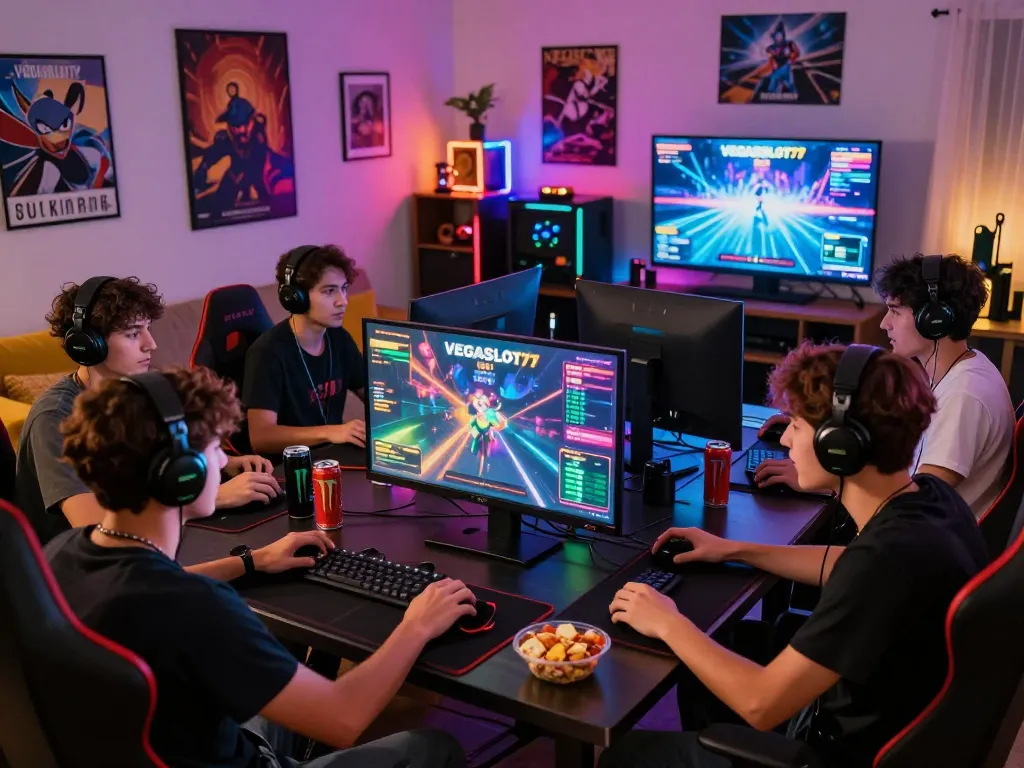Players enjoying VEGASSLOT77 online gaming in an energetic atmosphere, showcasing colorful graphics and gaming accessories.