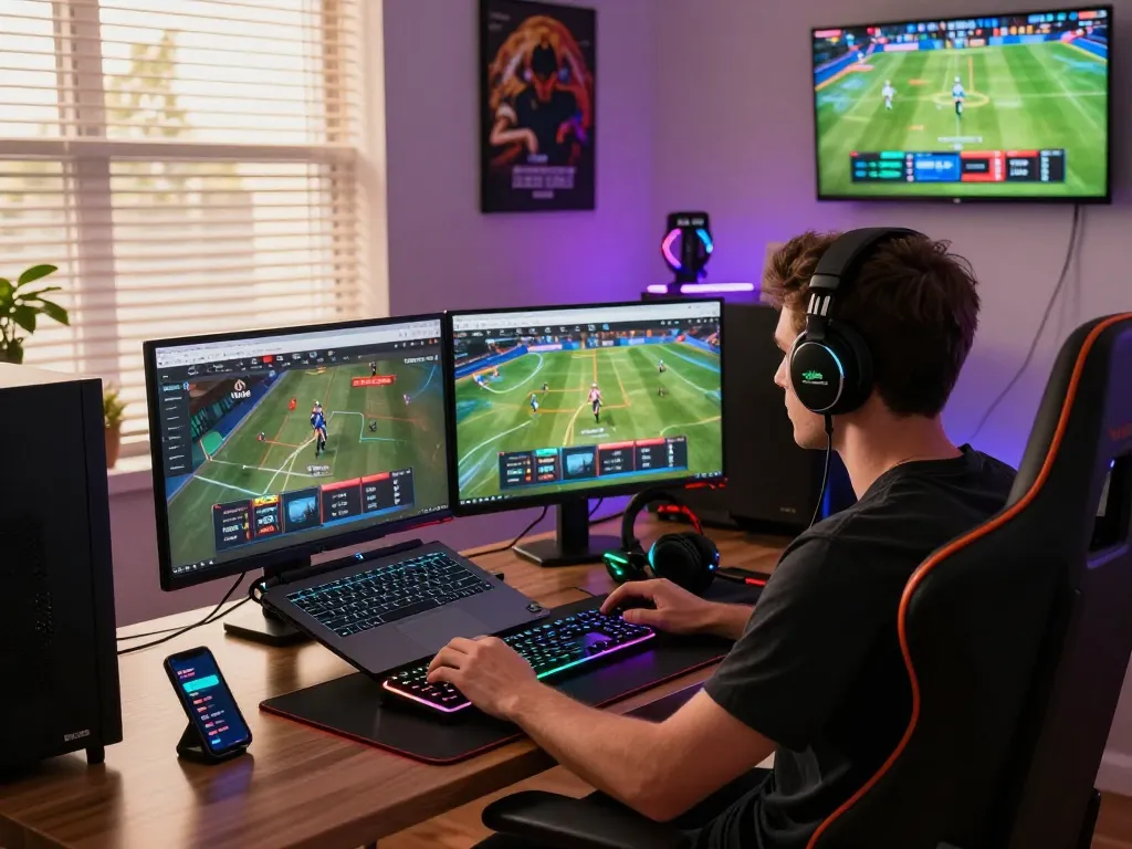 Engaged player accessing Link W88 from a modern gaming setup, showcasing a dynamic online gaming experience.