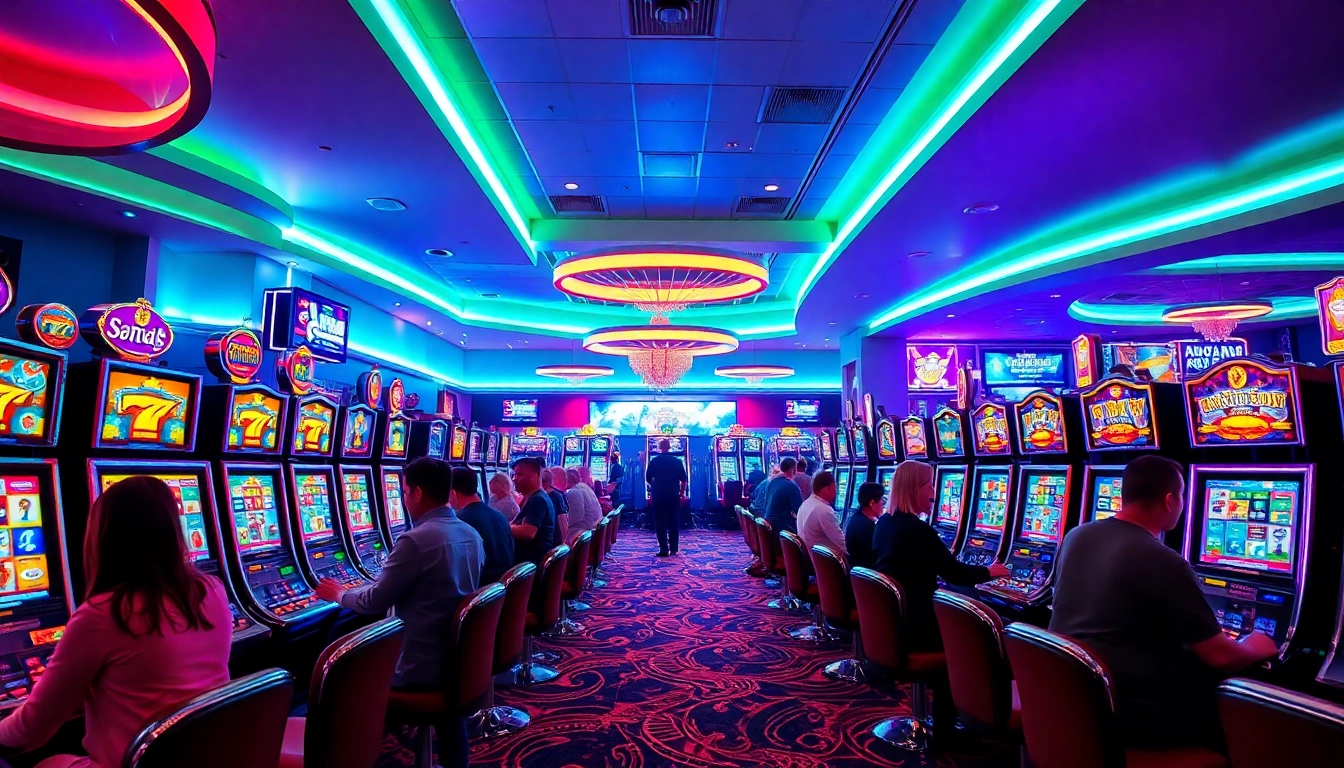 Pemain menikmati bandar slot di kasino dengan mesin slot berwarna-warni dan suasana yang meriah.
