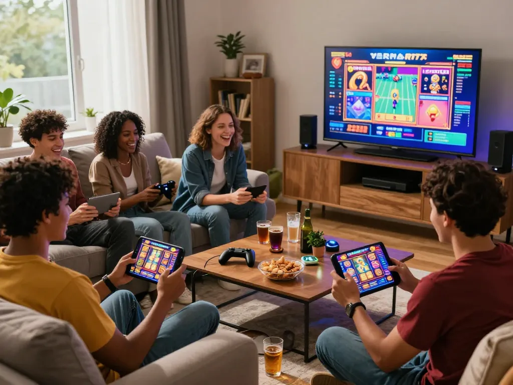 Friends enjoying online gaming session at vegasslot77.com with vibrant visuals and cozy atmosphere.