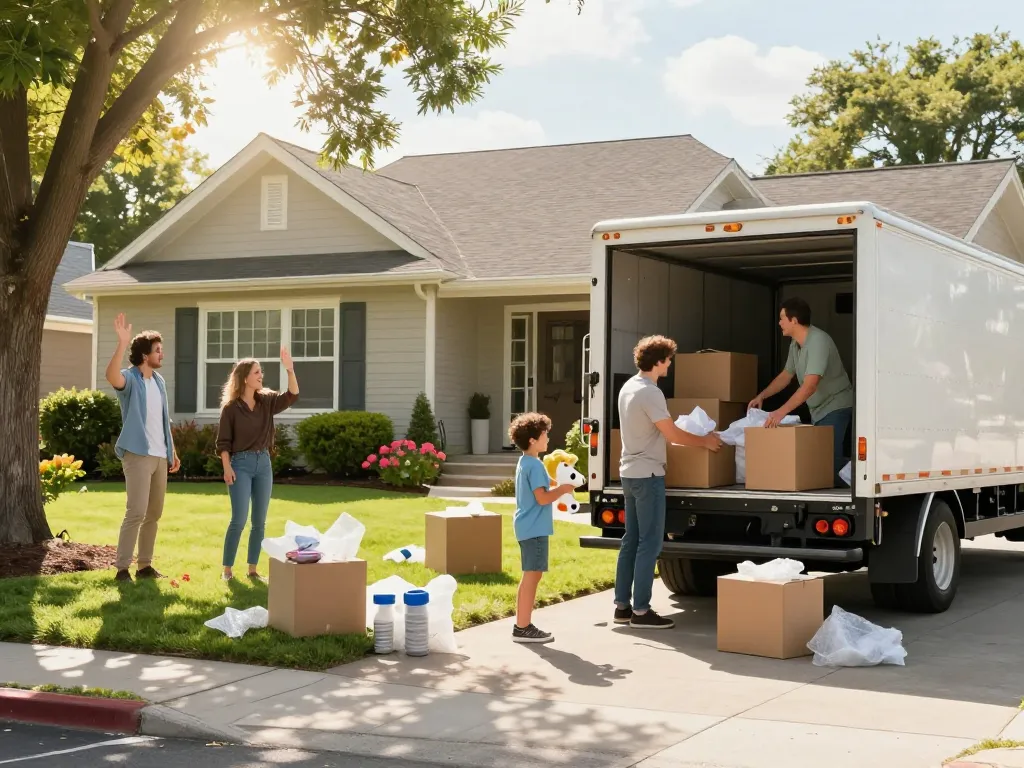 Sell my house fast for cash while a family prepares to move with boxes and a truck