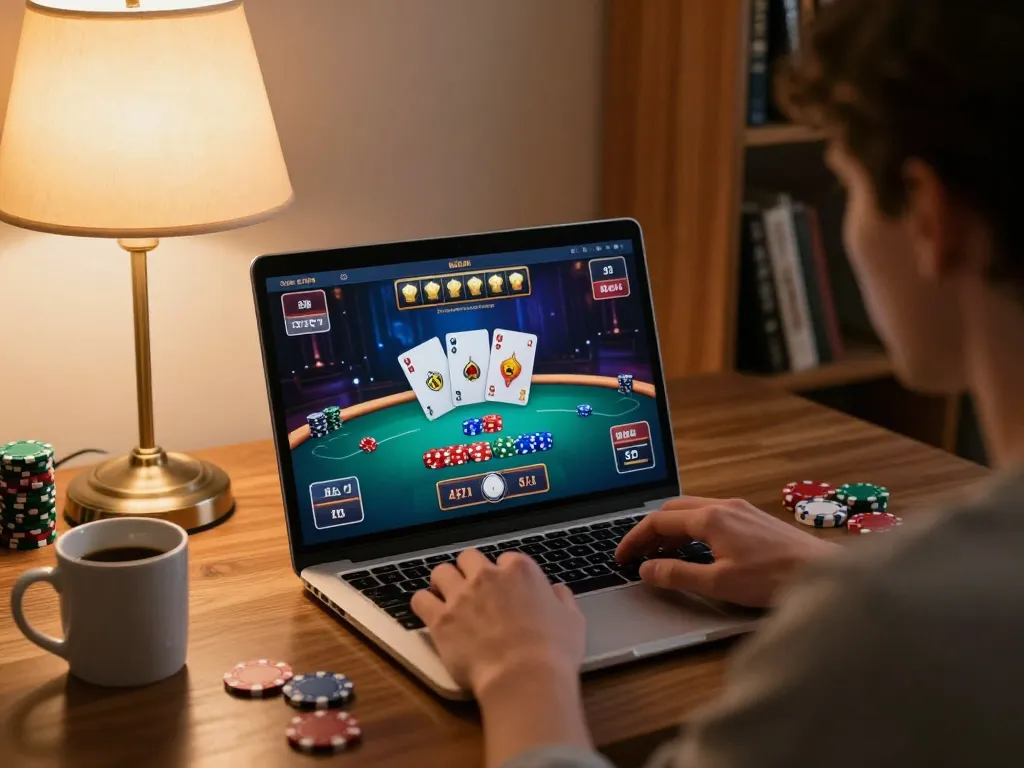 Player engaged in online casino gaming on a laptop, showcasing thabet strategies and gameplay.