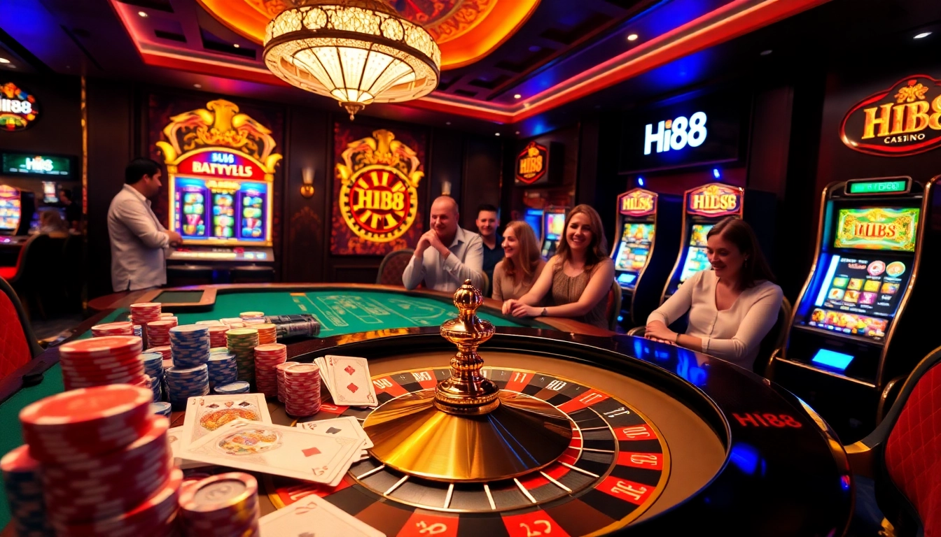Experience thrilling gambling action at Hi88 with luxury casino tables and vibrant slot machines.