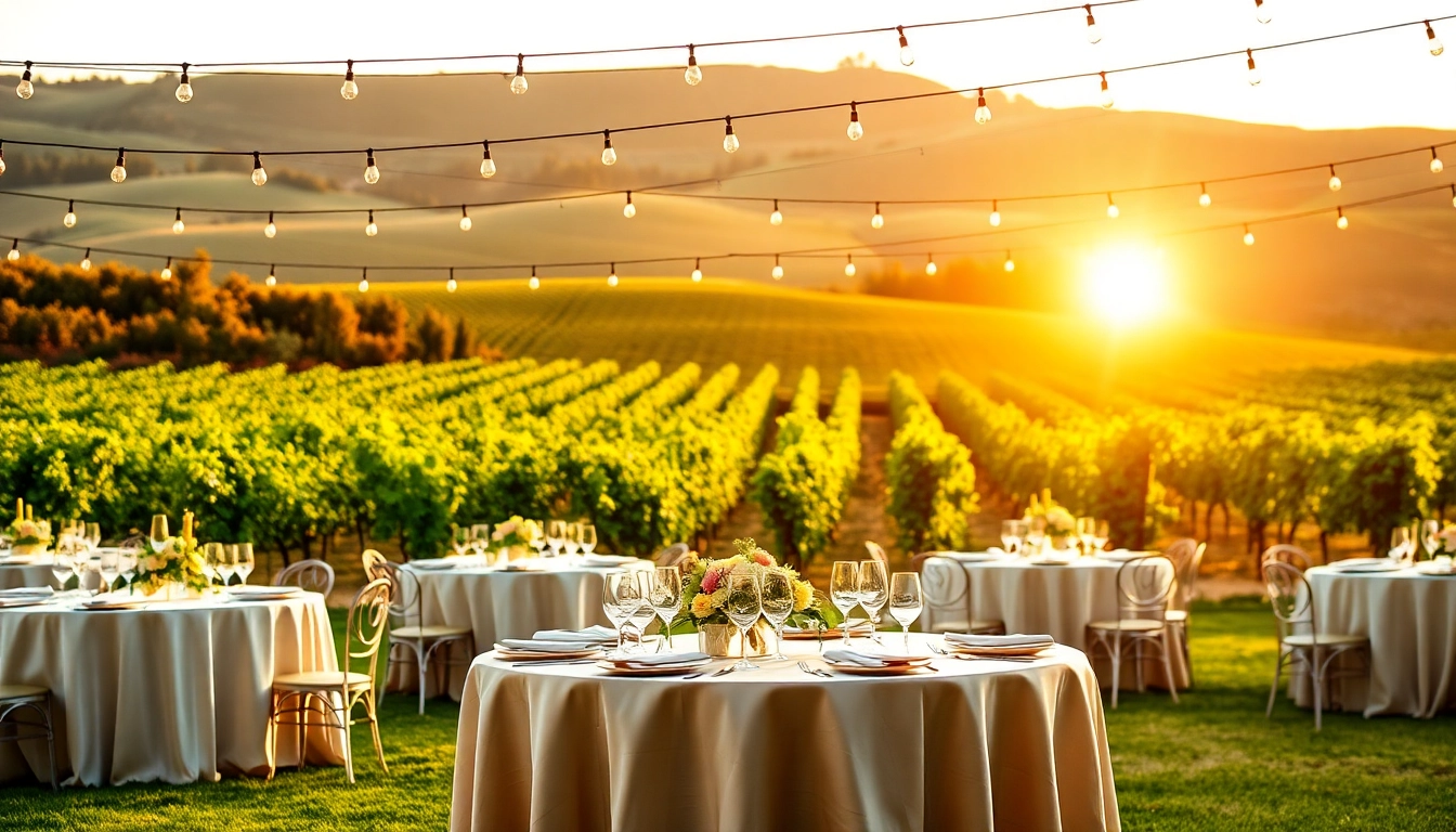 Enchanting Clarksburg wedding venues showcasing an elegant vineyard setup at sunset.