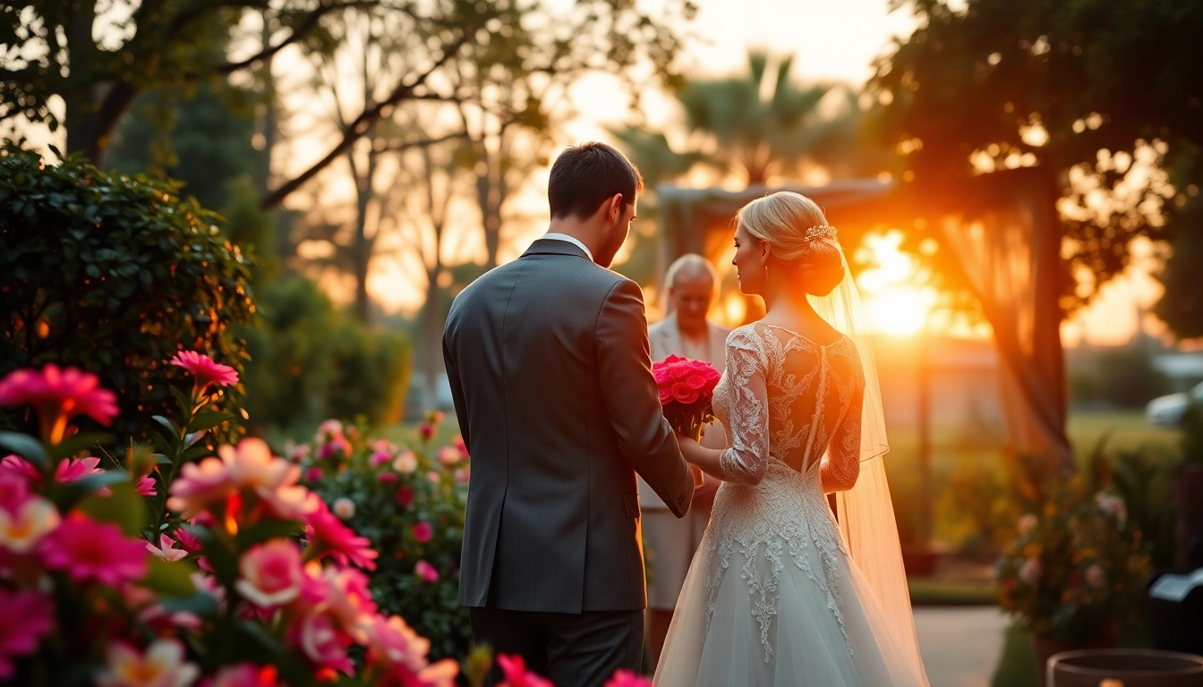 Wedding photographer capturing an enchanting outdoor ceremony amidst blooming gardens.