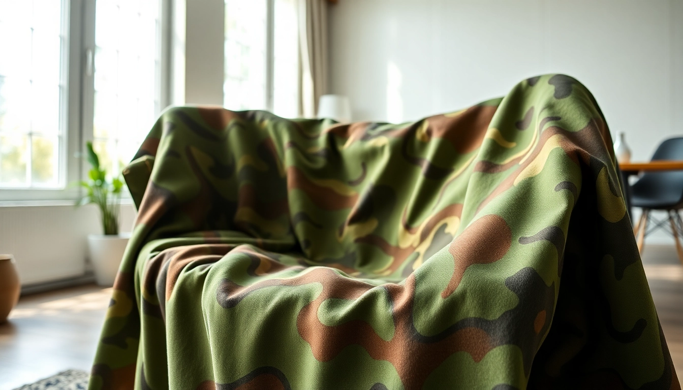 Katoenen stof van army print in een moderne woonkamer met mooie details en rijke kleuren.