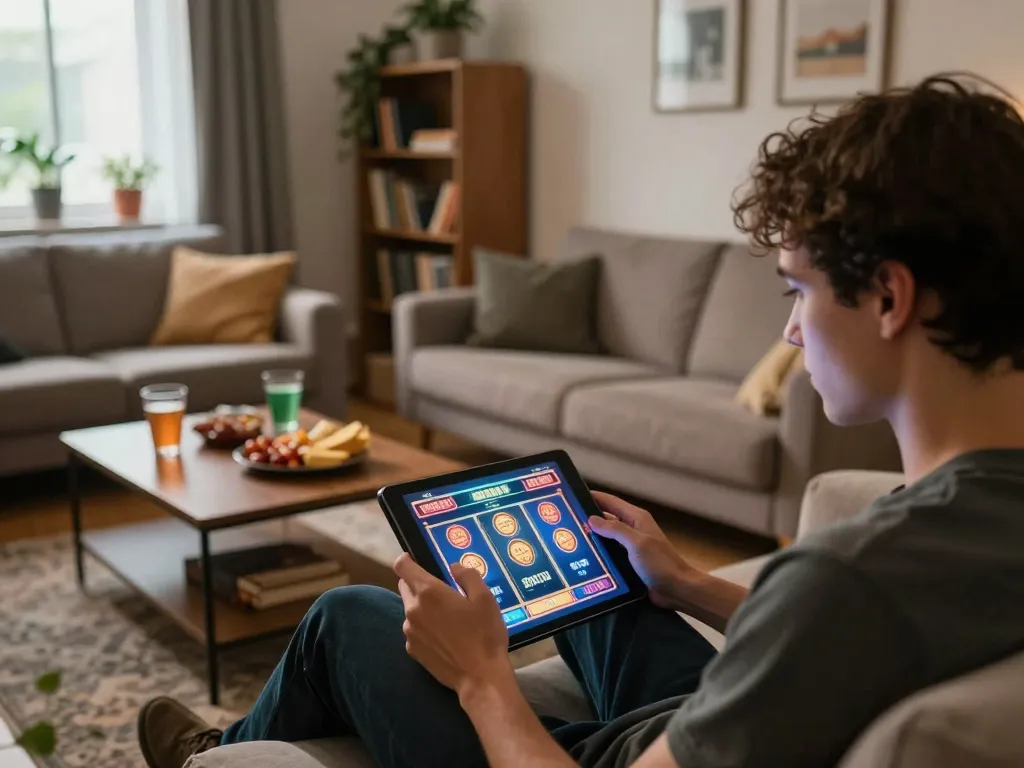 Player enjoying an online slot game on their tablet, emphasizing uu88 vom for exciting home entertainment.