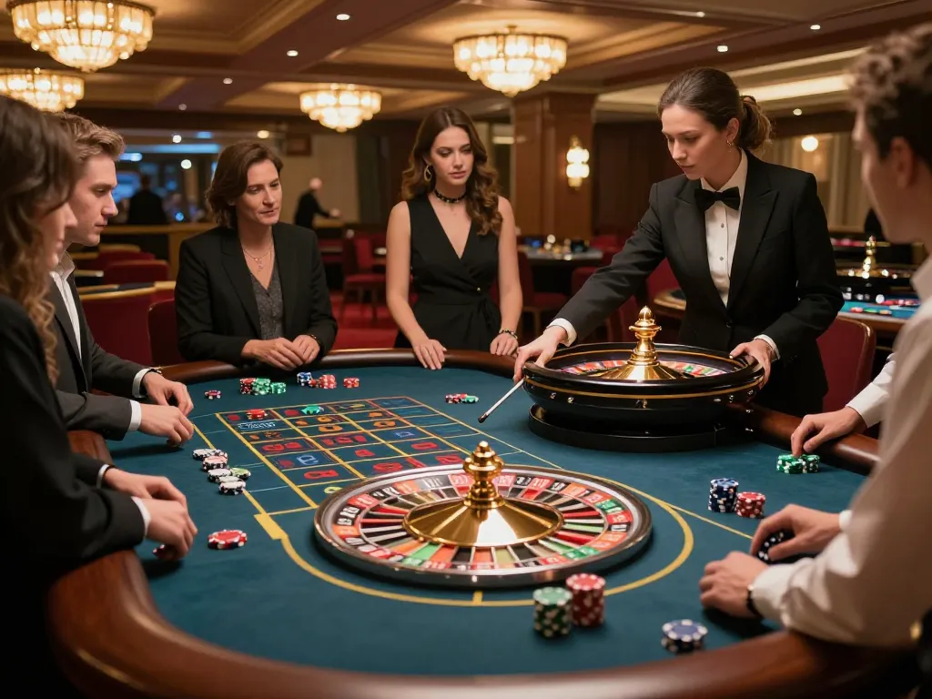 Experience the thrill of roulette at 28bet with players engaged in strategic betting around an elegant table.