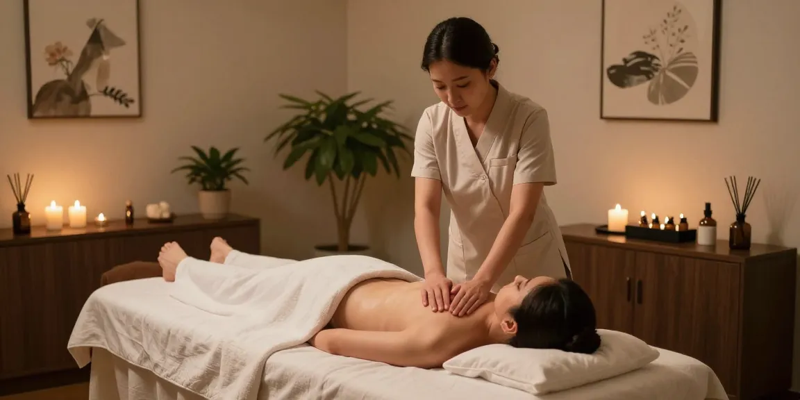 1인샵에서 편안한 마사지 받는 모습, 아늑한 분위기와 치료사의 집중하는 모습