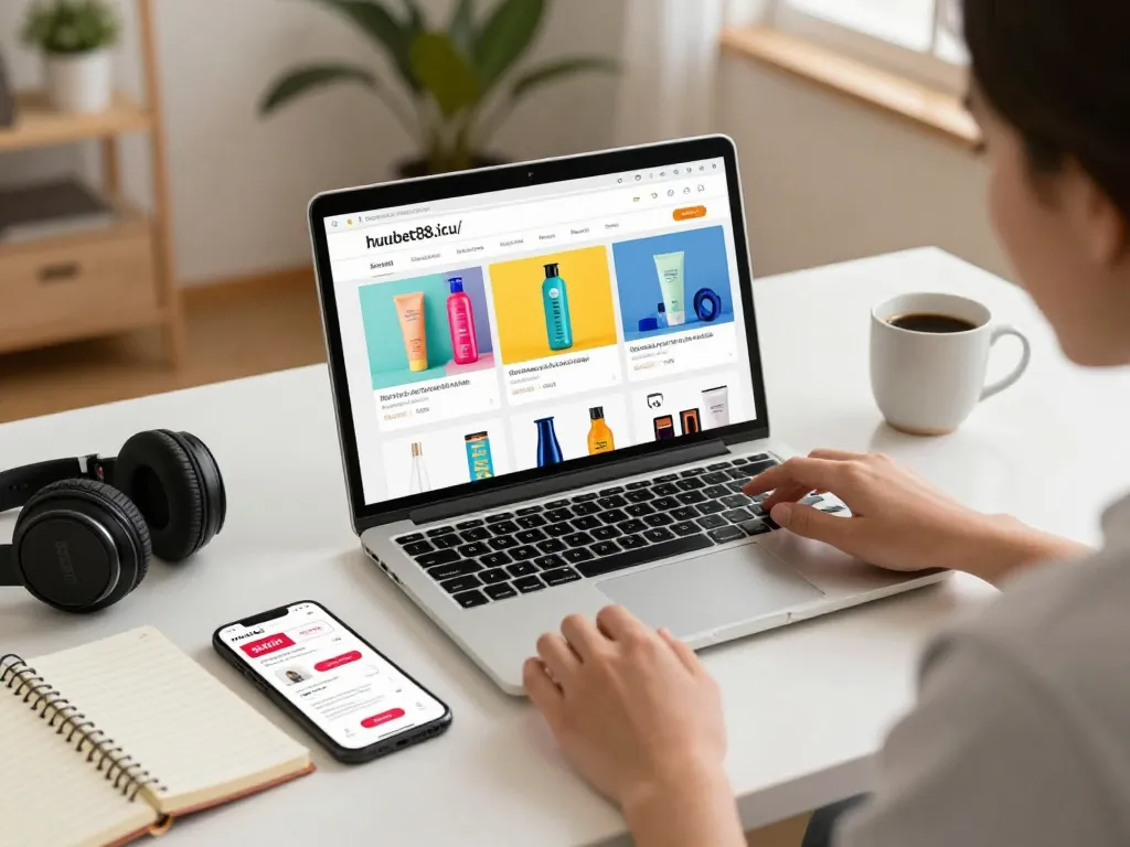 Shopping online at https://hubet88.icu/ with a laptop in a cozy home office