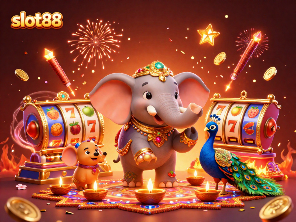 Permainan slot88 dengan simbol buah dan jackpot yang bersinar di ilustrasi kasino