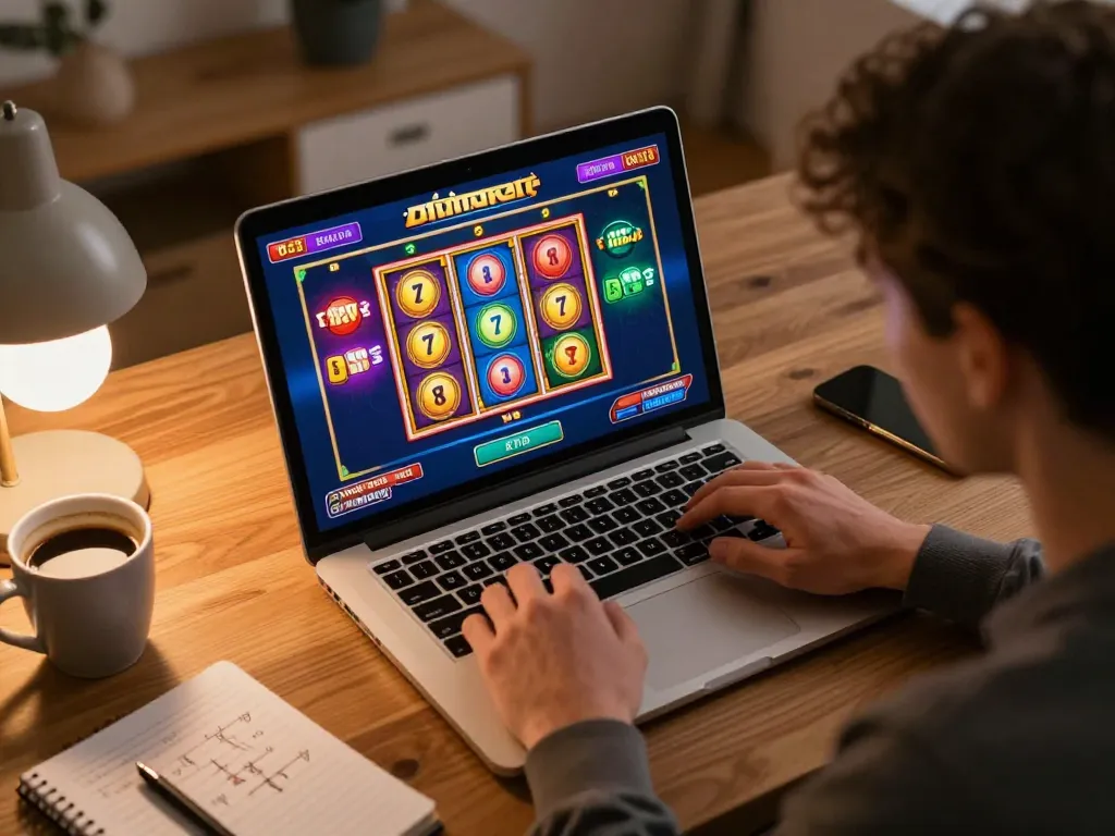 Engage with slot resmi games while playing on a laptop at home, showcasing the excitement of online gambling.