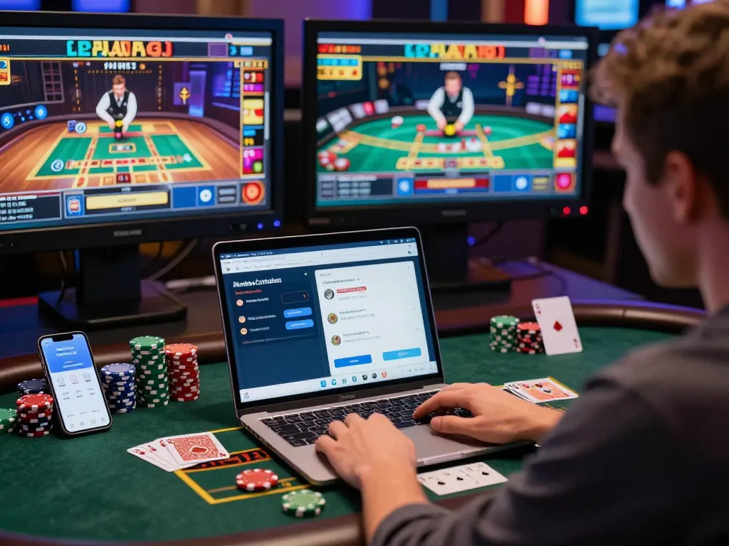 Engaging player at a baccarat site enjoying live dealer games with vibrant casino elements.