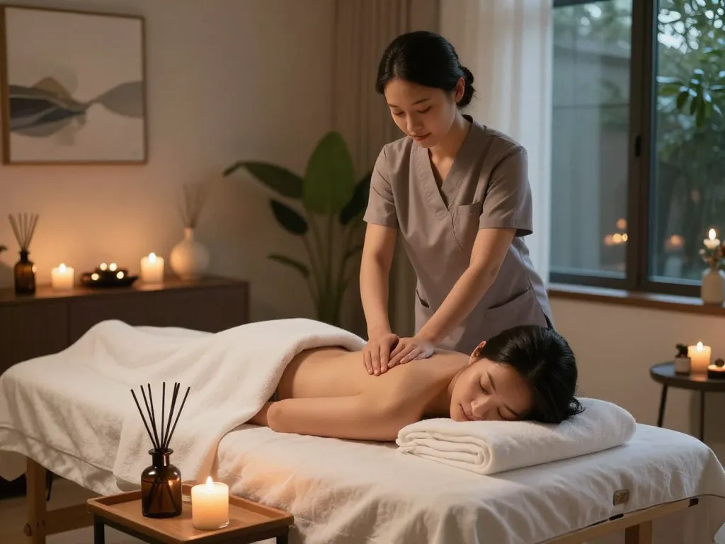 Aromatic massage session at home with professional therapist from https://www.maxim-anma.net, featuring soothing atmosphere and serene decor.