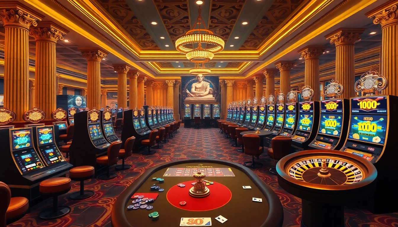 Experience the excitement of Olympus 1000 with luxurious casino elements showcasing poker tables, slots, and roulette.