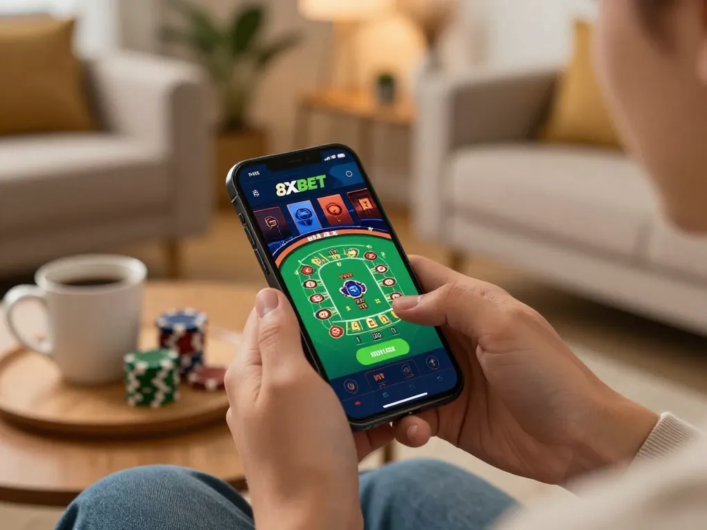 Mobile gaming with the 8XBET app showcasing live dealer blackjack action, offering an engaging gambling experience.