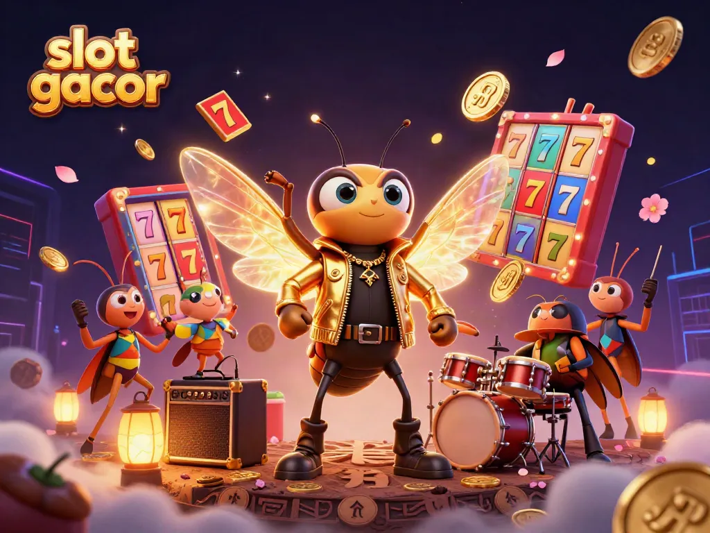 Slot gacor menarik pemain dengan gambar dinamis slot dan kemenangan meriah di latar belakang yang berwarna-warni.
