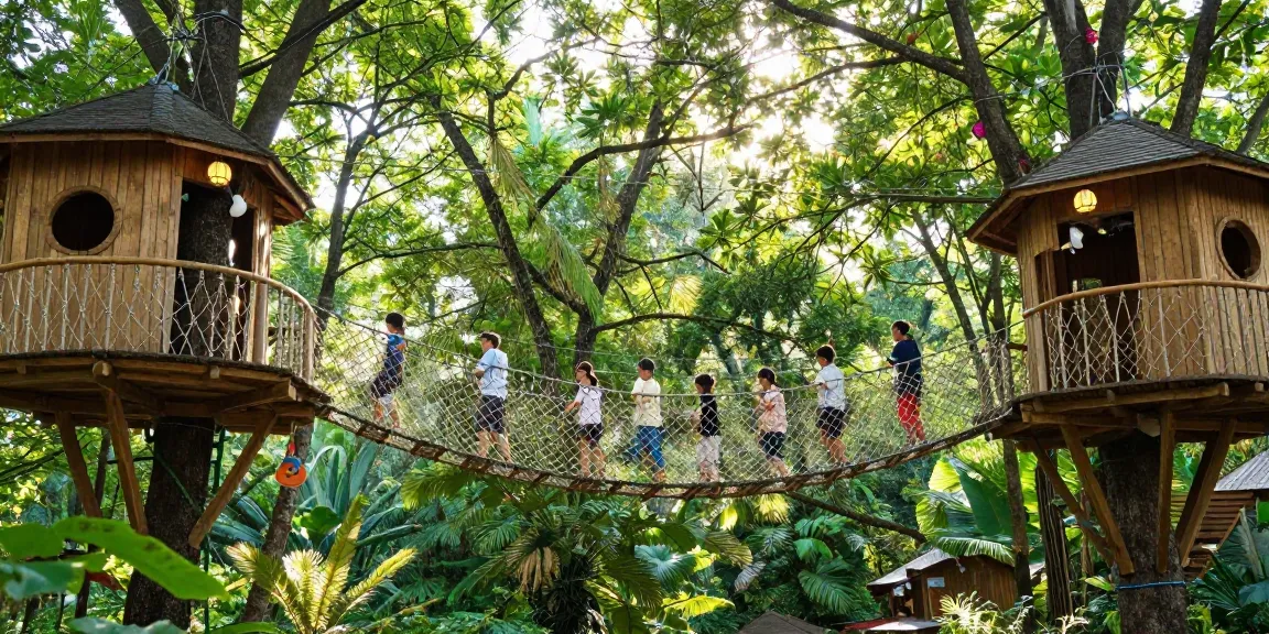 Rope Bridge design connecting treehouses in a vibrant forest setting, children playing and exploring under dappled sunlight.