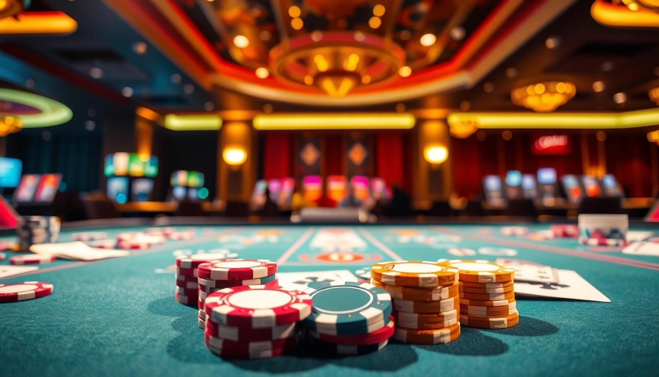 Main table of interwin official casino, showcasing vibrant chips and cards in an inviting setting.