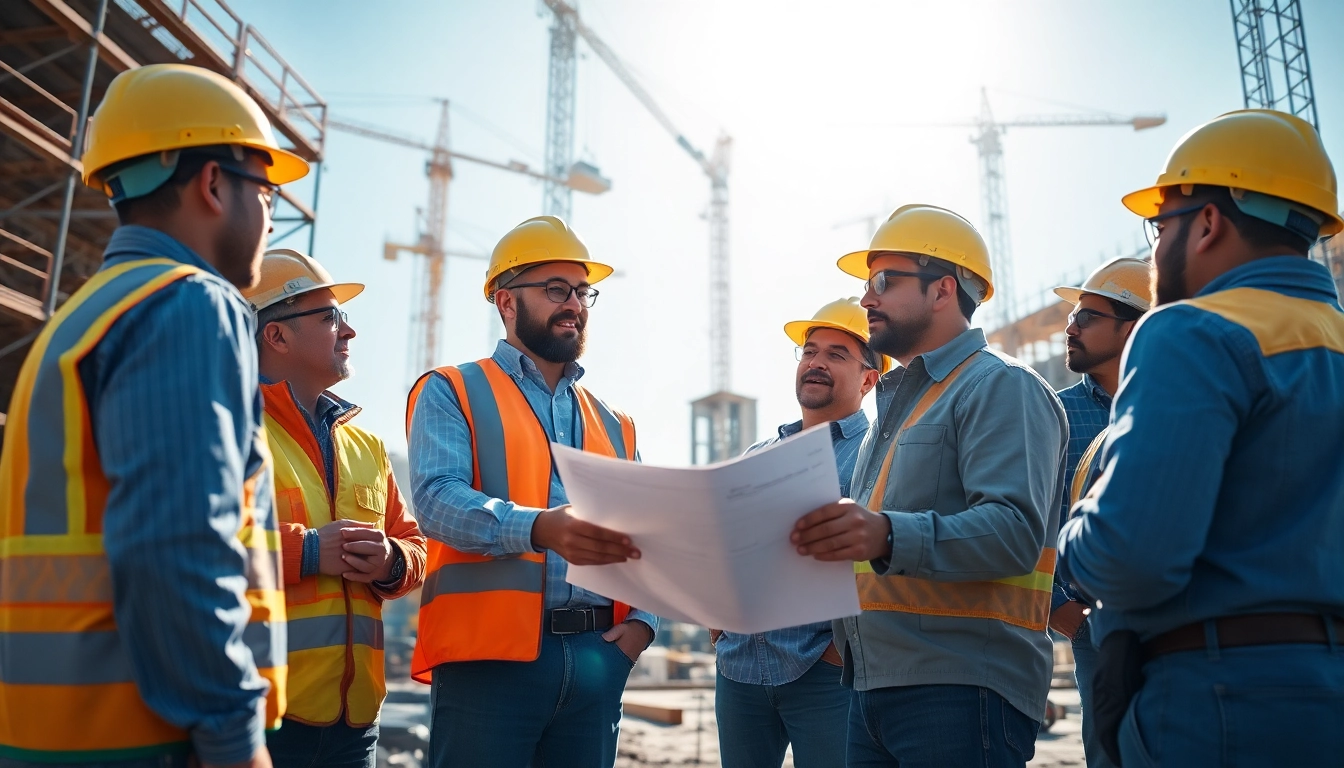Construction association teamwork among professionals at an active building site, highlighting collaboration.