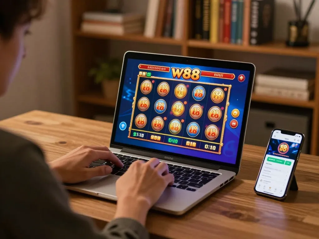 Engaging in w 88 online casino gaming setup with laptop and smartphone for strategic gameplay.