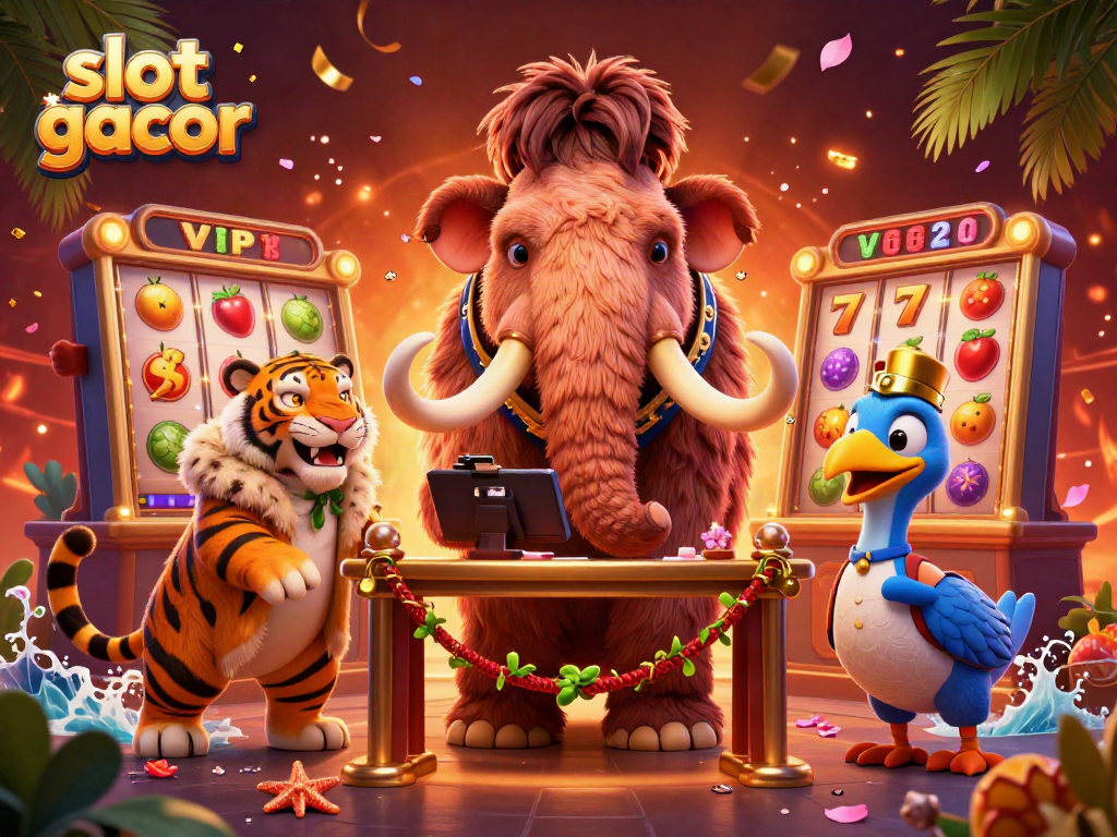 Experience thrilling action in slot gacor with a vibrant scene featuring a charming bouncer and colorful slot reels.