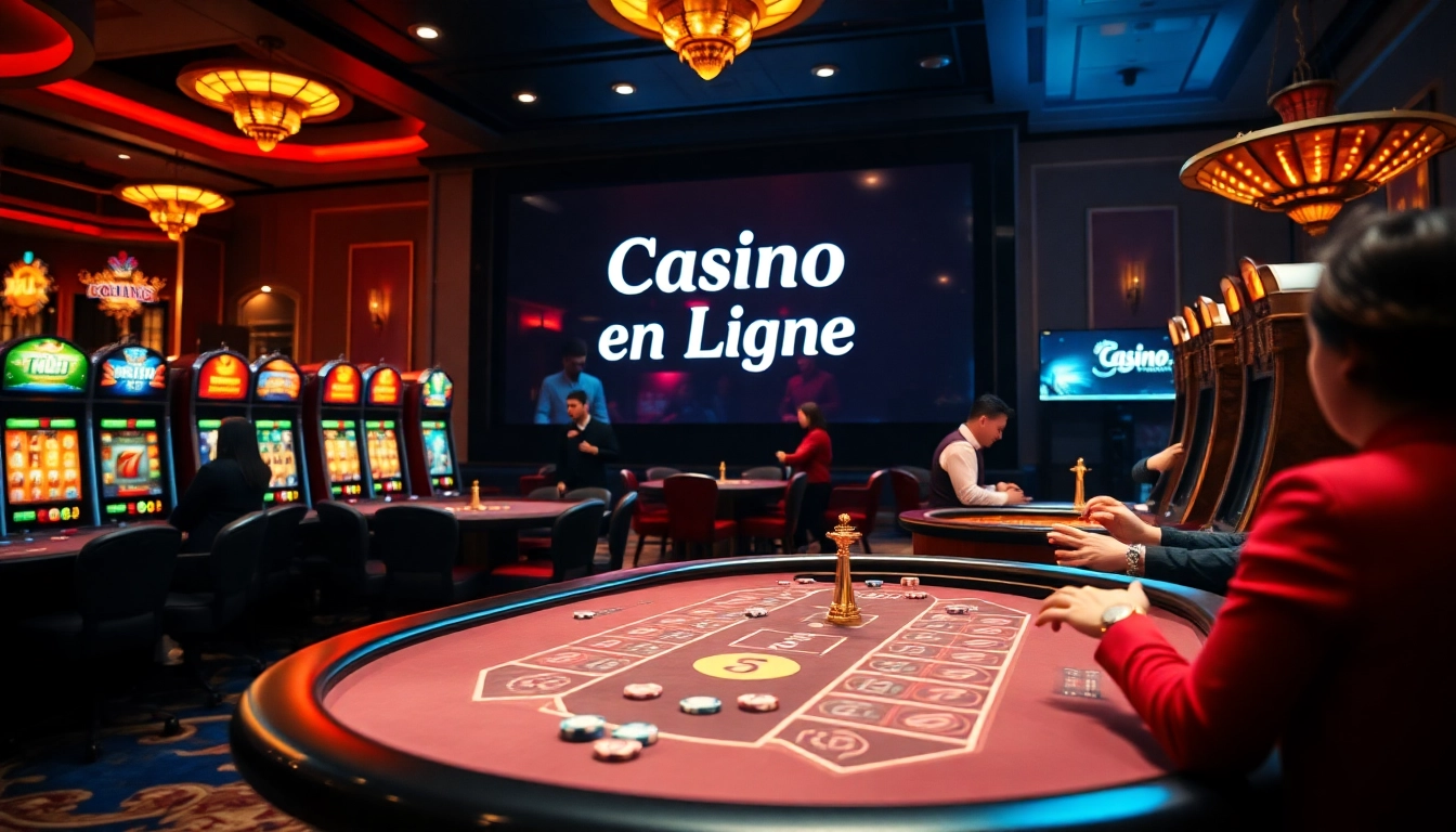 Scène excitante montrant une atmosphère de casino en ligne luxueuse avec des machines à sous vibrantes et des joueurs engagés.