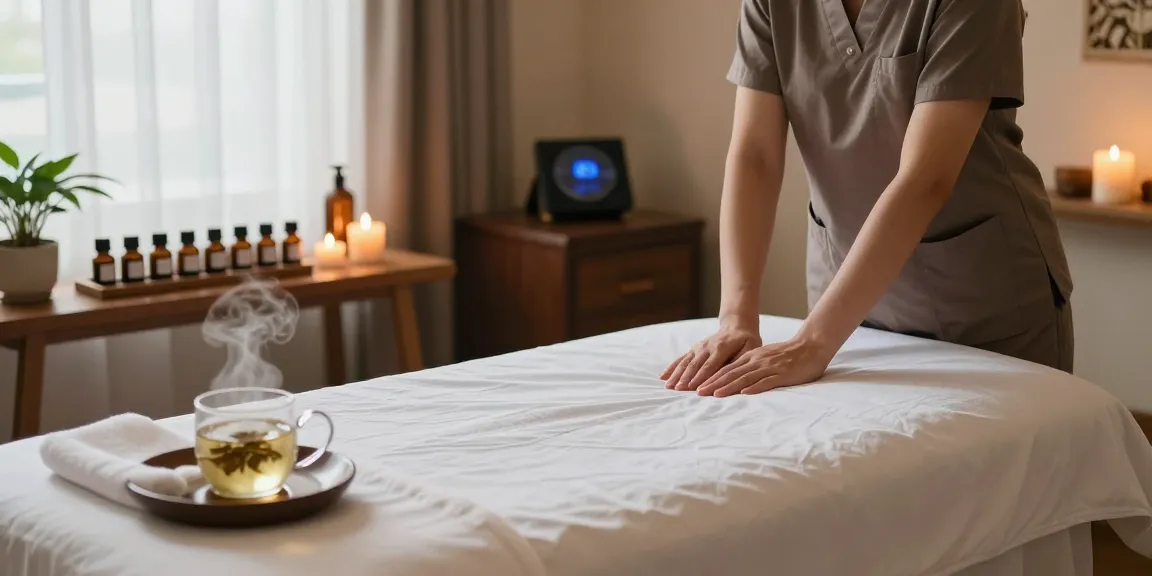 마사지 테라피스트가 준비하는 아늑한 스파 장면, 아로마 오일과 편안한 조명으로 휴식을 제공합니다.