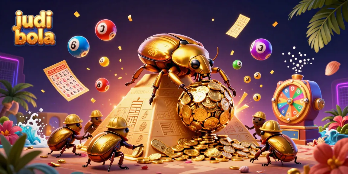 Engage in judi bola excitement with a vibrant 3D illustration showcasing golden beetles amidst lottery elements.
