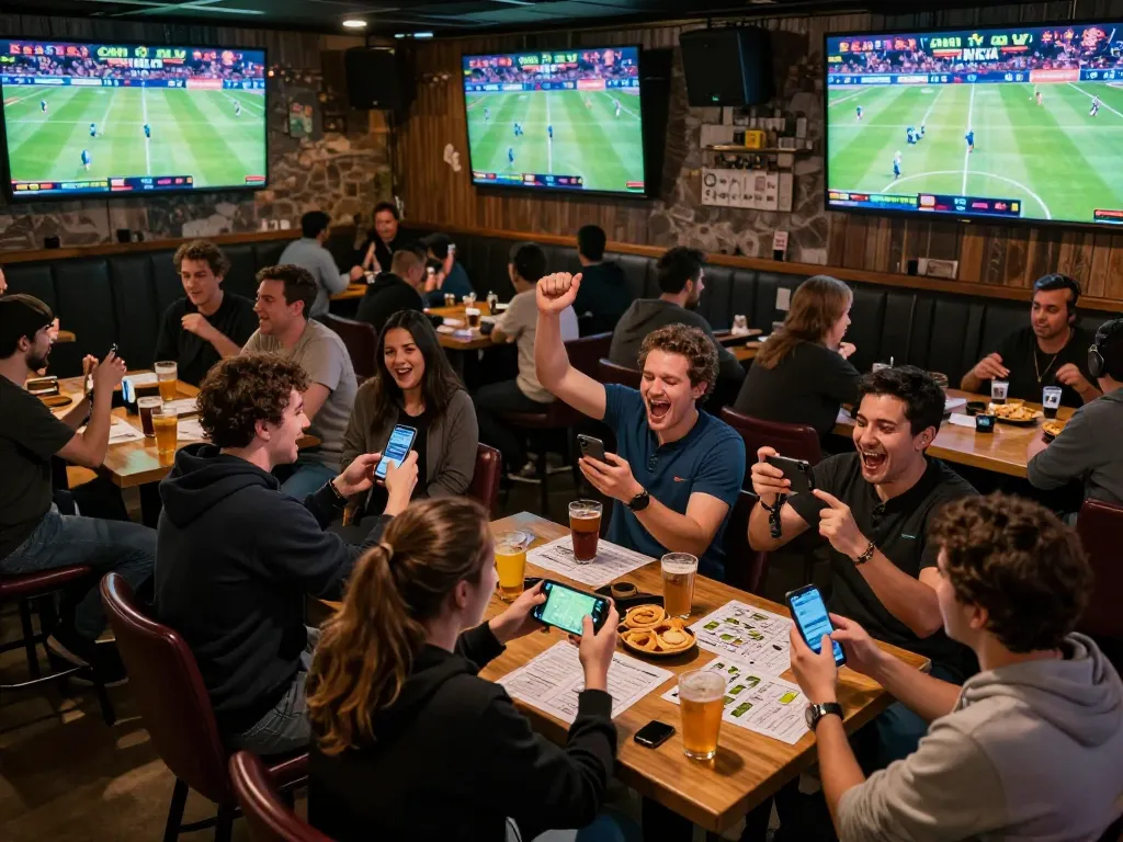 Cakhia TV live sports viewers engaged in betting and cheering at a busy sports bar.