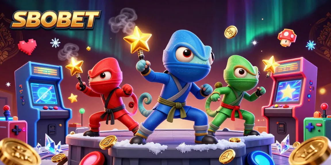SBOBET ninja chameleons showcasing martial arts amidst vibrant 3D gambling elements in an epic casino scene.