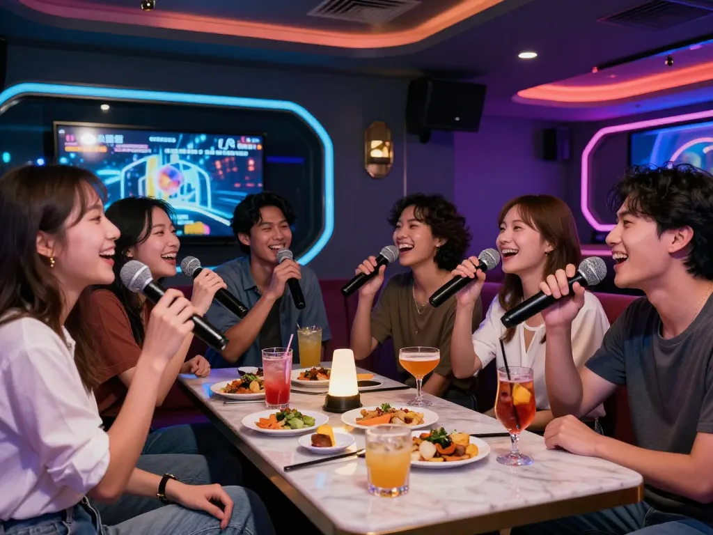 인천쓰리노의 활기찬 분위기를 체험하세요. 친구들이 활기찬 라운지 환경에서 노래와 음료를 즐깁니다.