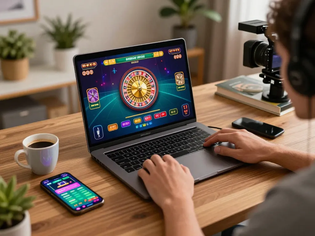 Engaging in slot gacor gameplay on a laptop at home, reflecting modern online gambling.