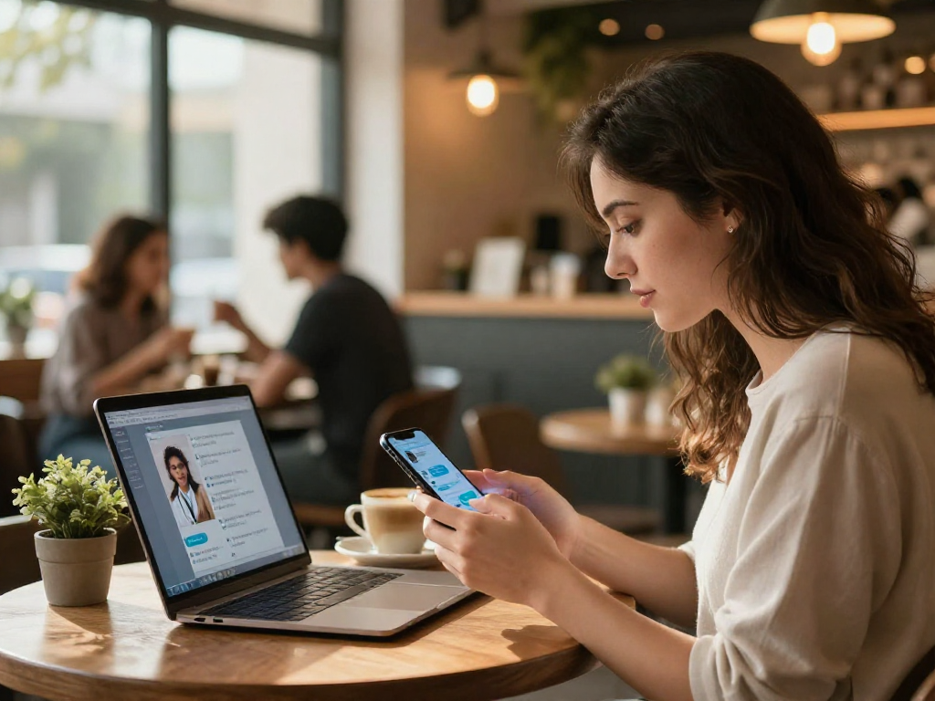 Engaging scene showcasing woman interacting with girlfriend AI app in cozy cafe, highlighting modern relationships through technology.