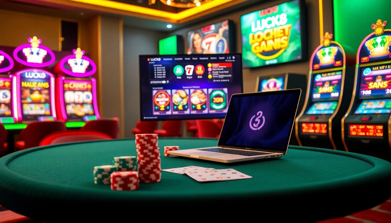 LUCK8 online casino experience with vibrant slot machines and elegant poker setup.