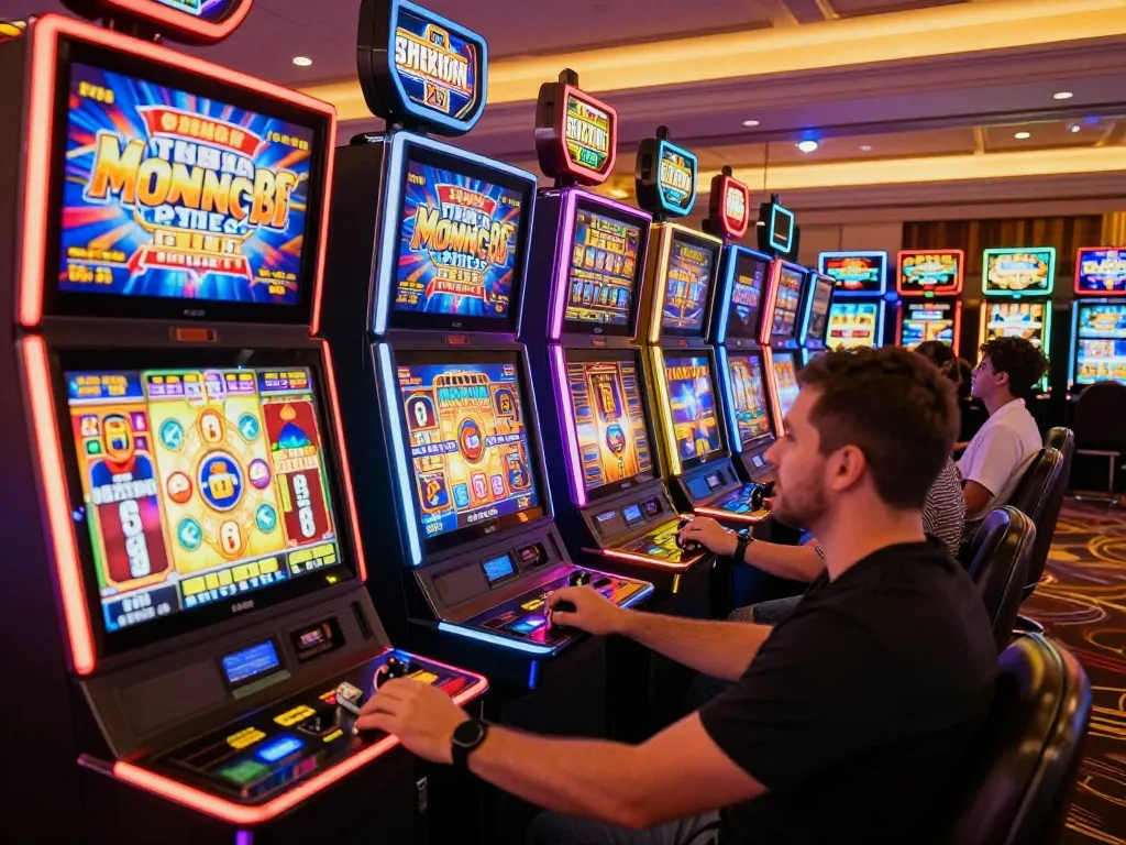 Players enjoy gaming excitement at OK9's vibrant slot machines in a luxurious casino.