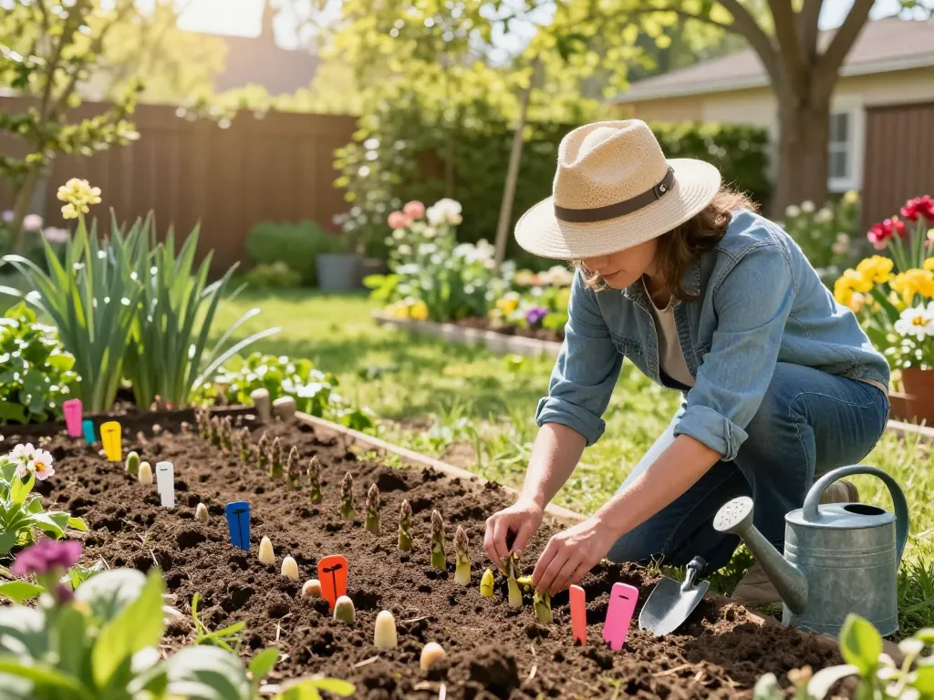 Asperges moestuin scene with gardener planting asparagus seeds in vibrant home garden.