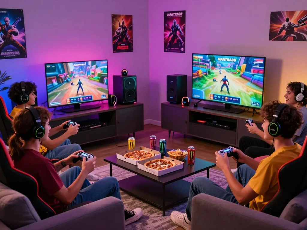 Exciting gaming night with friends on MANTRA88 platform, colorful LED lights, and game snacks.