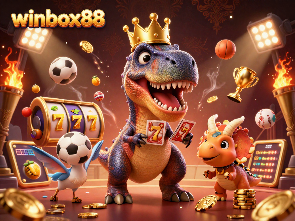 Winbox88 presents a lively scene with a T-Rex shuffling cards while a baby triceratops stacks chips, showcasing a dynamic casino atmosphere.