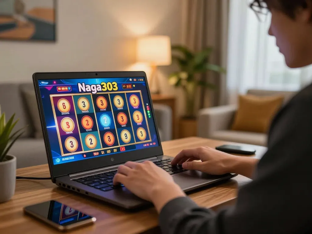 Player engaged with Naga303 slot games on their laptop while enjoying a cozy home environment, excitement of online gambling.