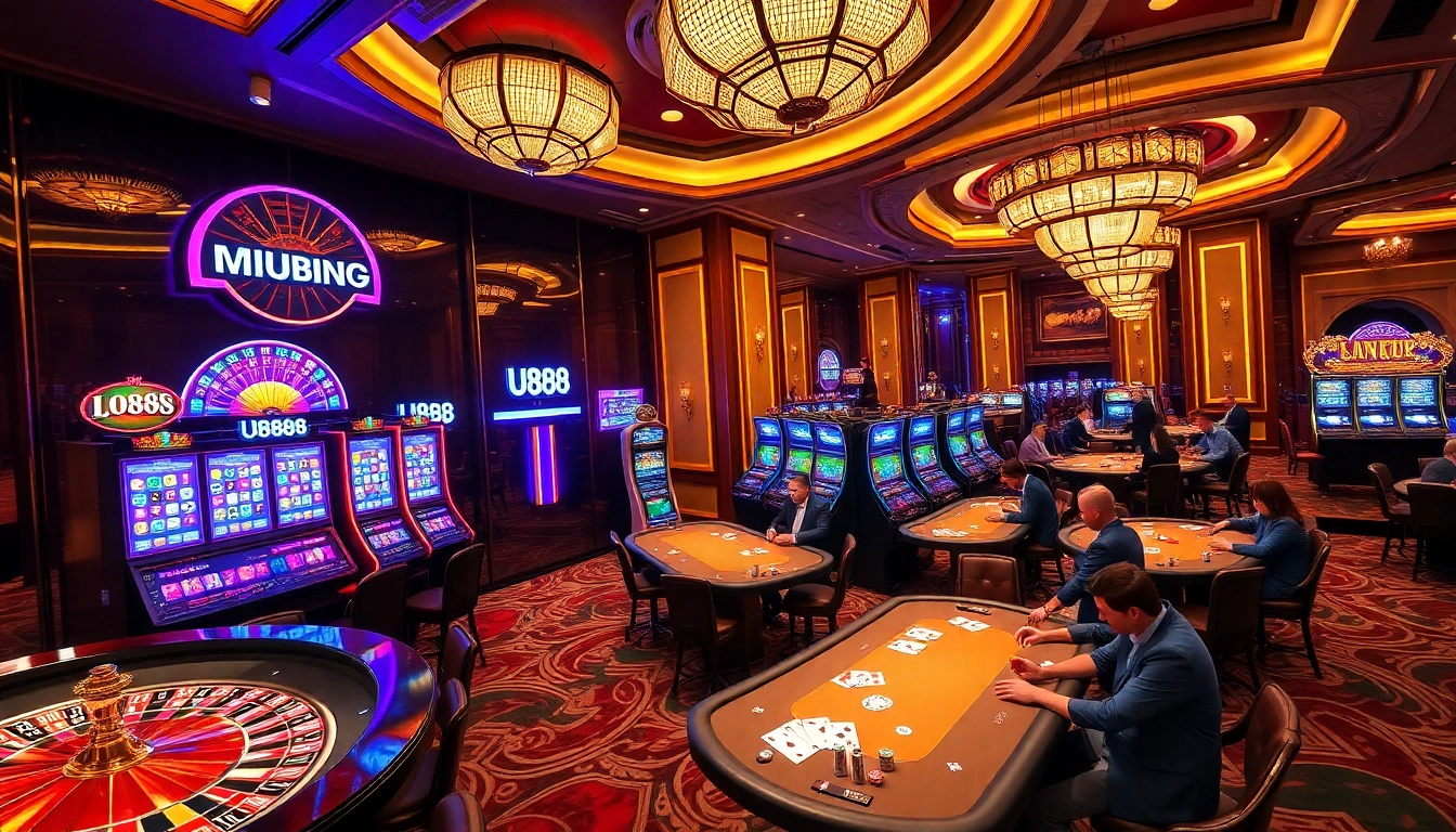 Players enjoying a thrilling game at U888 casino with vibrant slot machines and roulette wheels.