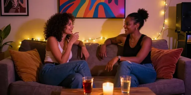 Live sex performance scene with couple interacting intimately in a cozy atmosphere.