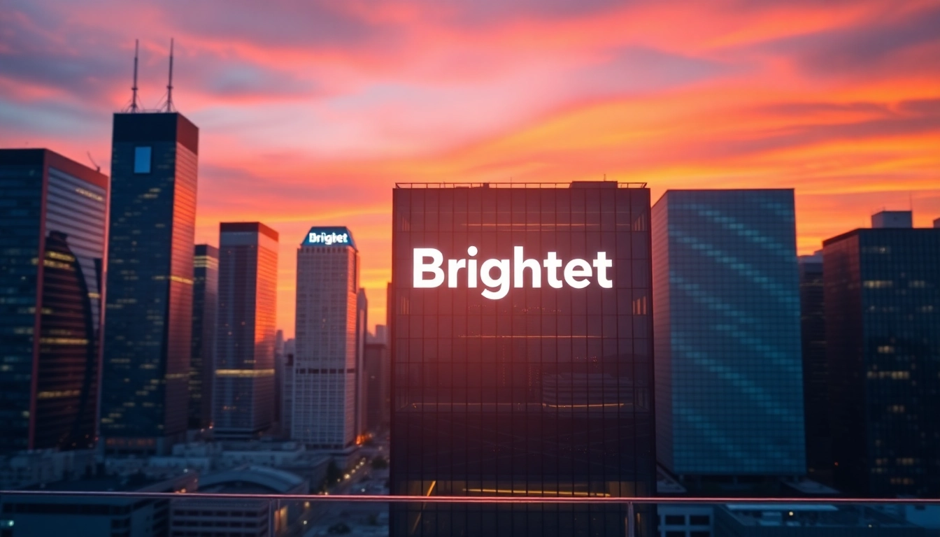 Brightet logo illuminated on a modern office building against a vibrant city skyline.