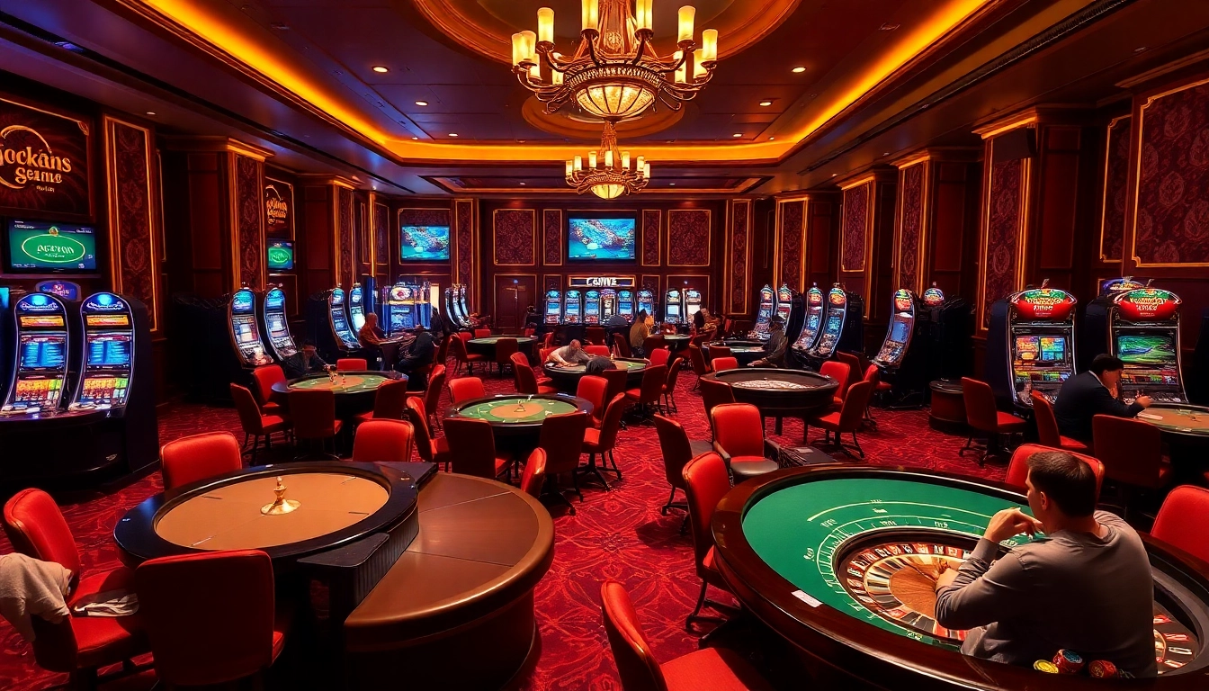 Jeu passionnant dans un casino en ligne luxueux avec des tables de poker et des machines à sous colorées.