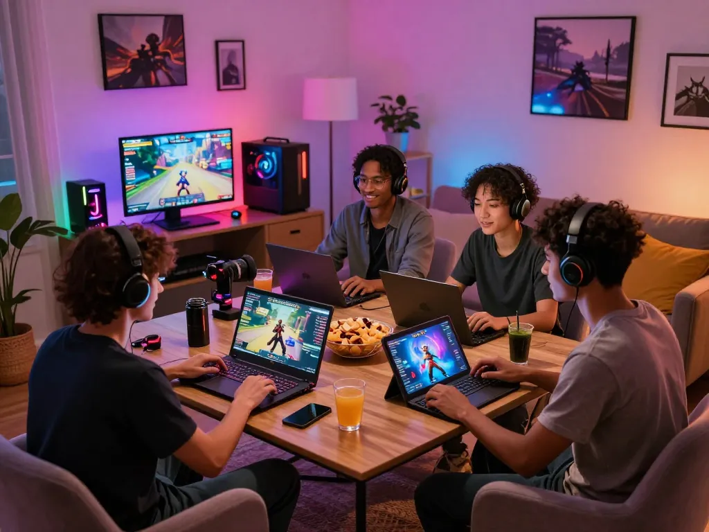 Friends enjoying an exciting gaming session on vegasslot77 platform with vibrant LED lights and snacks.