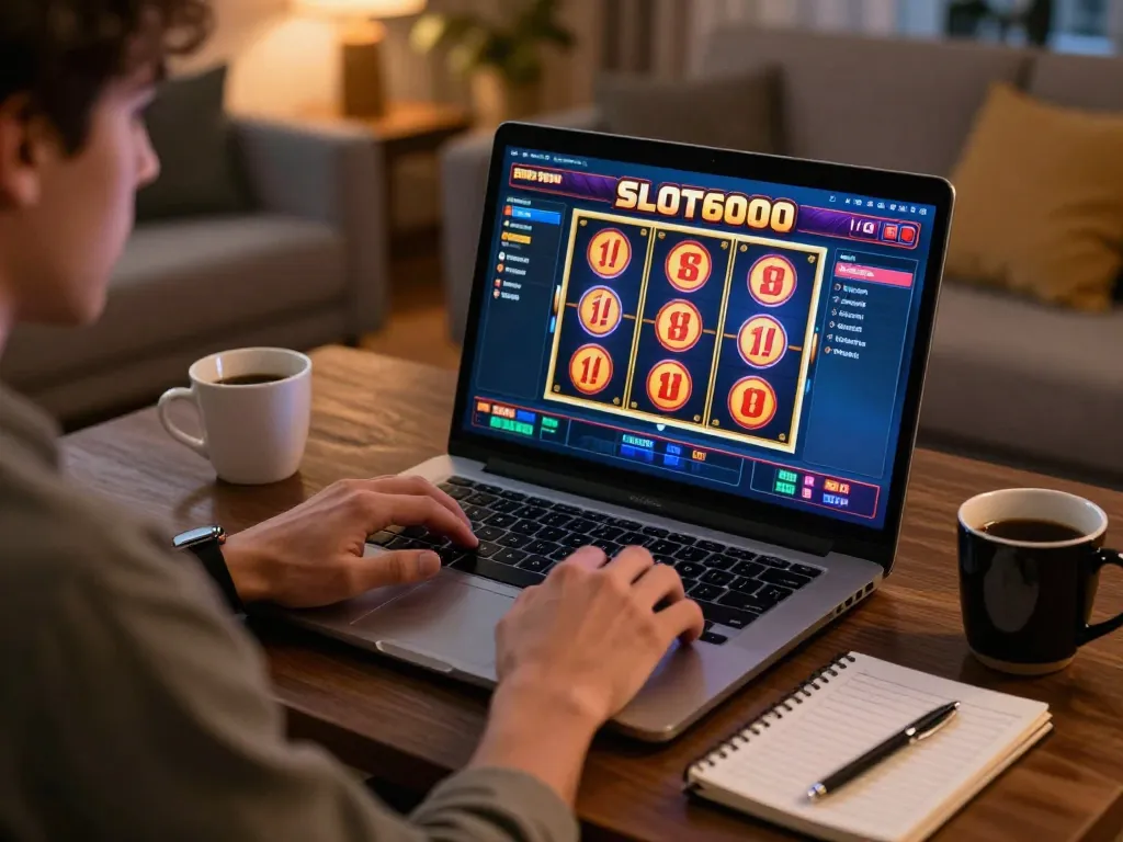 SLOT6000 player focused on slot game screen, highlighting engaging online gaming experience.
