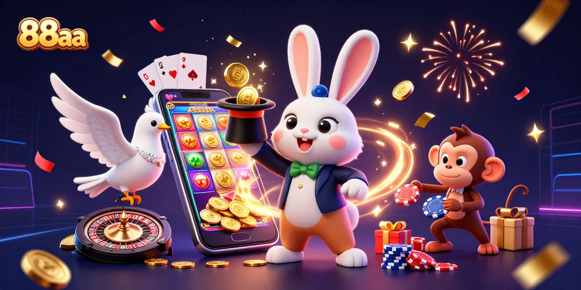 Experience excitement at 88aa as a magician rabbit conjures golden coins amidst vibrant casino elements.