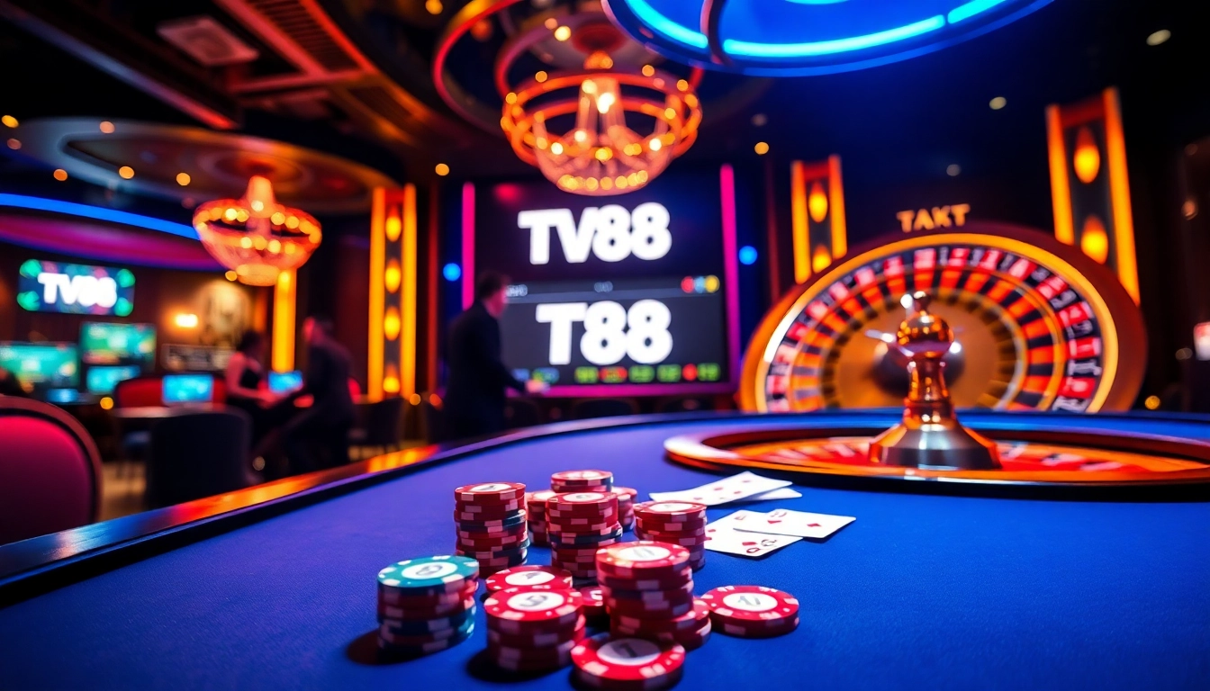 Experience vibrant gambling at TV88 with poker chips and roulette wheels in an online casino setting.