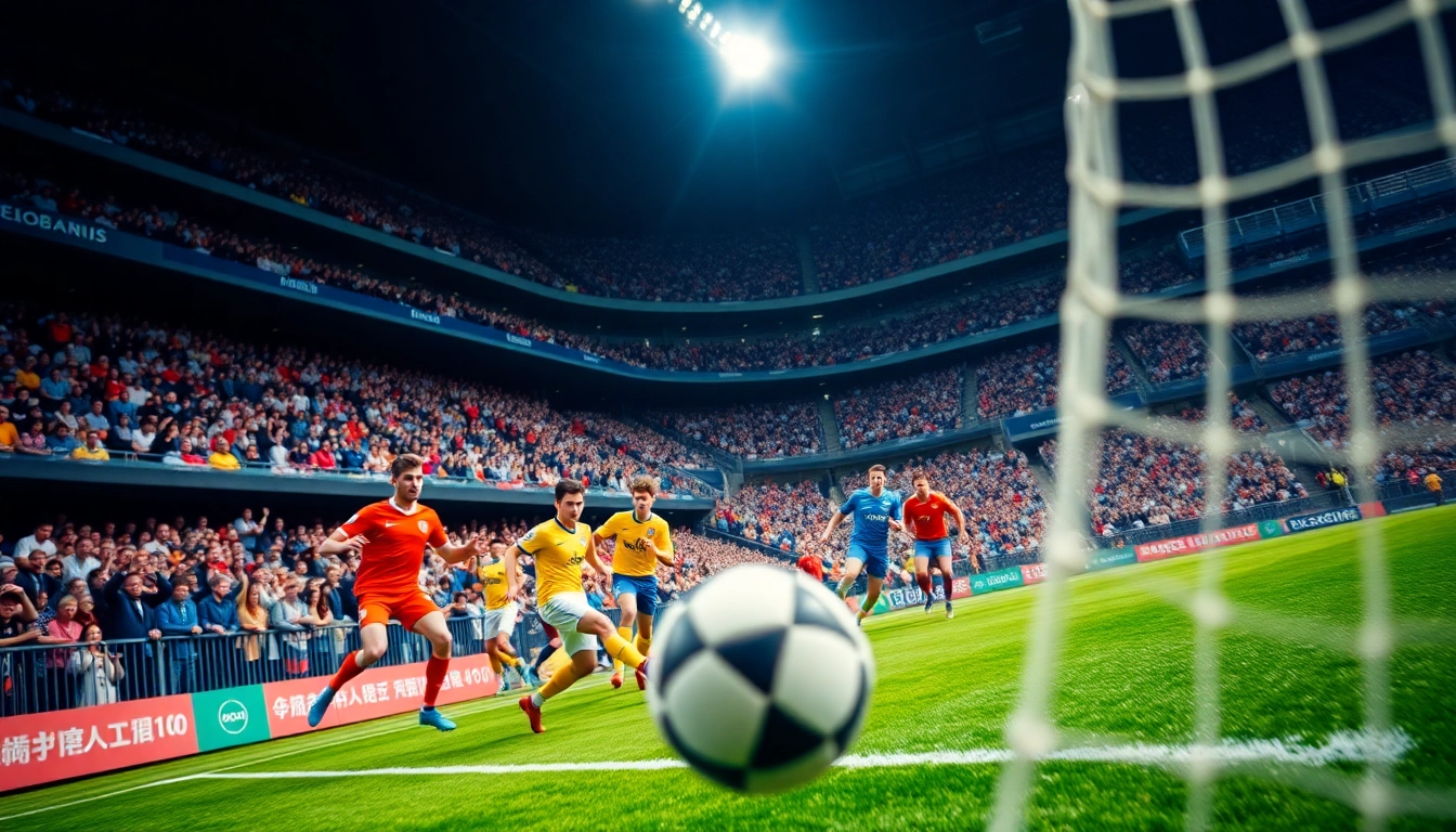 Witness the thrilling moment of a football match highlighting the ผลบอลล่าสุด scores, featuring players in dynamic action.